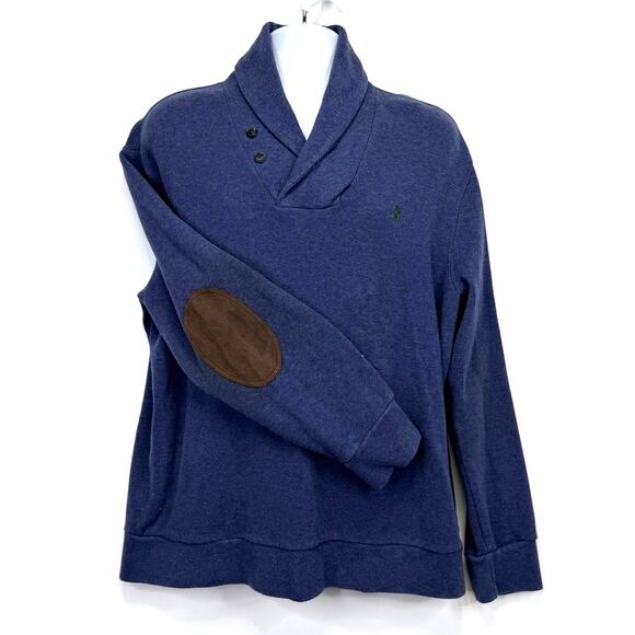 Polo Ralph Lauren Sweater Mens L Blue Shawl Collar Elbow Patch Knit Pullover - Picture 1 of 10